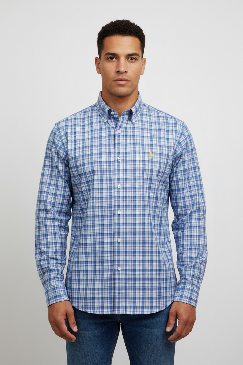 Camisa de botones Polo Ralph Lauren 🏇🏼 de cuadros tartán azul, celeste y rosado Talla L Entalle Regular