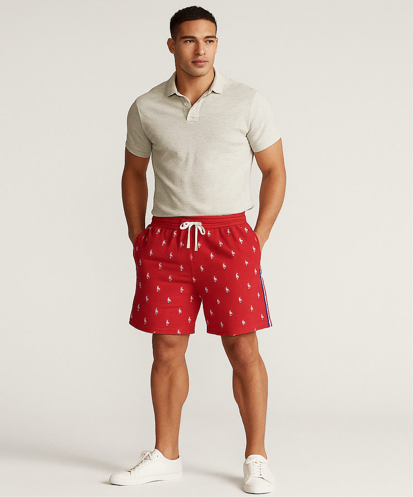 Short Lounge Polo Ralph Lauren 🏇🏼 color rojo con diseño de logos en blanco Talla L