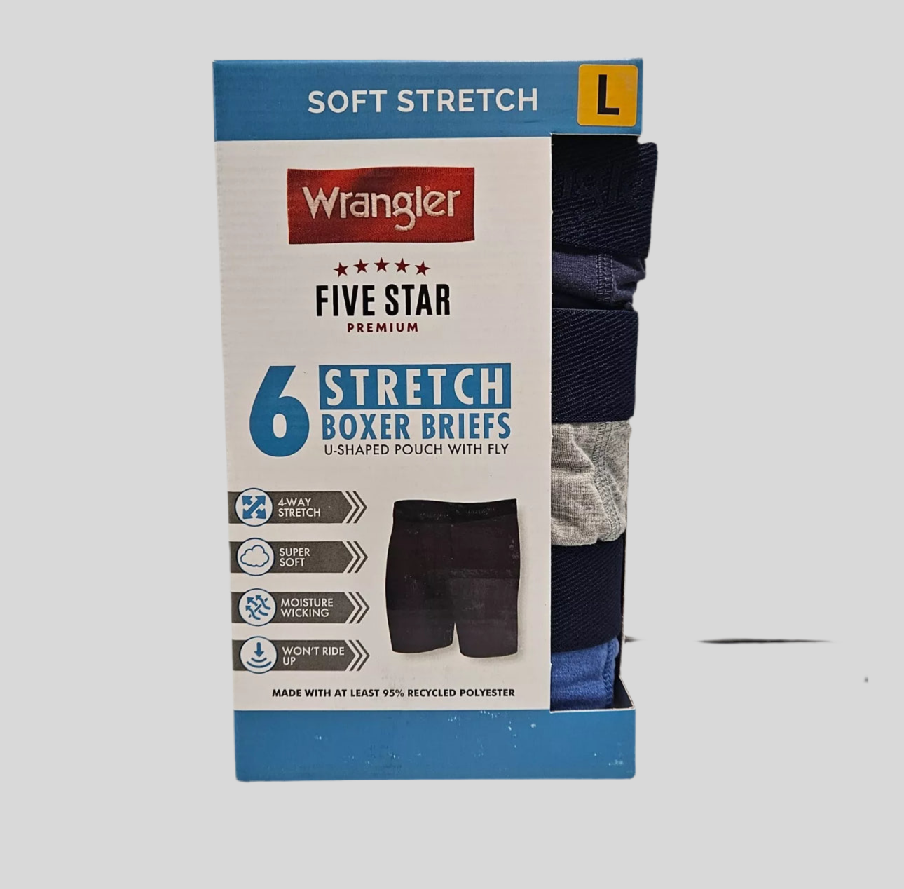 Paquete de 6 Boxers Briefs Wrangler 🇺🇸 Tela soft stretch color Gris, azul y negro Talla M, L y XL