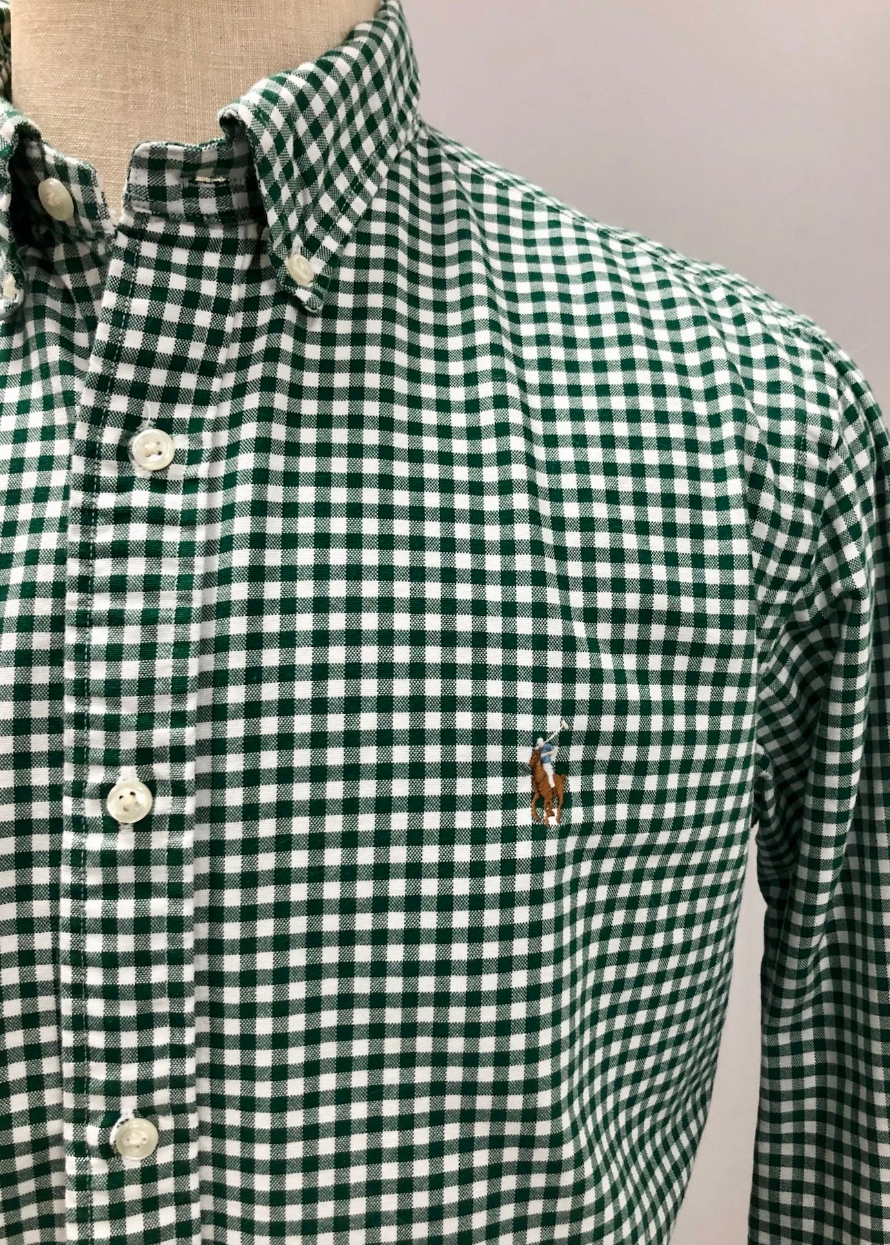 Camisa de botones Polo Ralph Lauren 🏇🏼 Oxford de cuadros gingham verde oscuro y blanco Talla L Entalle Regular