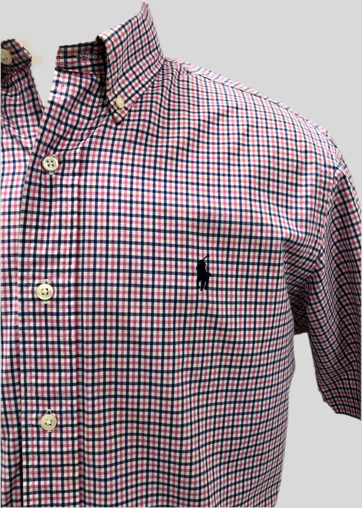 Camisa de botones Polo Ralph Lauren 🏇🏼 color blanco con patrón de cuadros azul navy y rosado Talla M Entalle Clásico