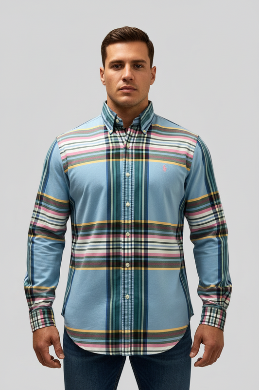 Camisa Polo Ralph Lauren 🏇🏼 Oxford de cuadros tartán en color celeste, rosado y blanco Talla M Entalle Clásico