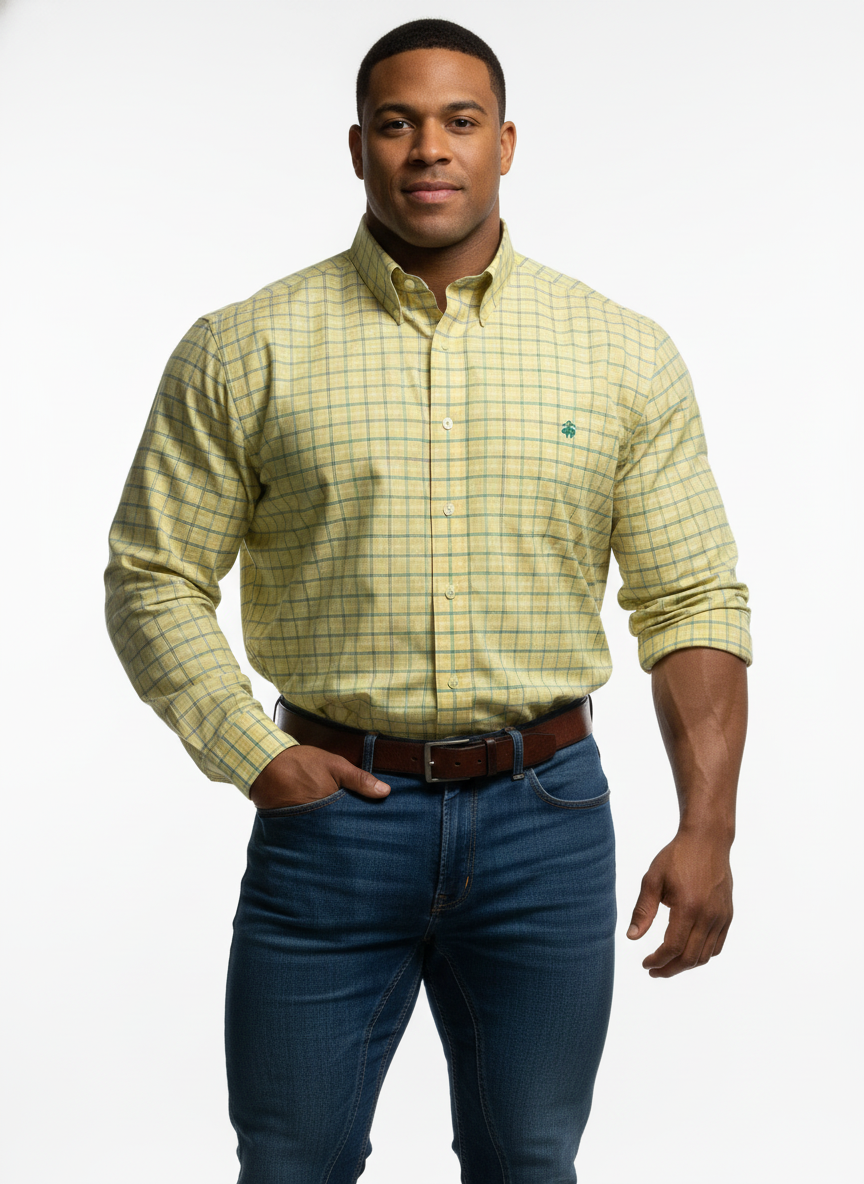 Camisa de botones Brooks Brothers 🐑 color amarillo claro con cuadros en verde y azul Talla XL Entalle Regular