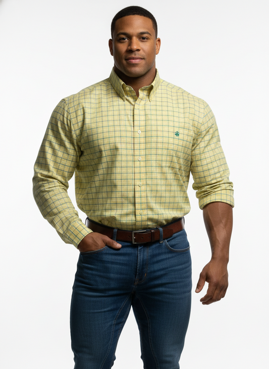 Camisa de botones Brooks Brothers 🐑 color amarillo claro con cuadros en verde y azul Talla XL Entalle Regular