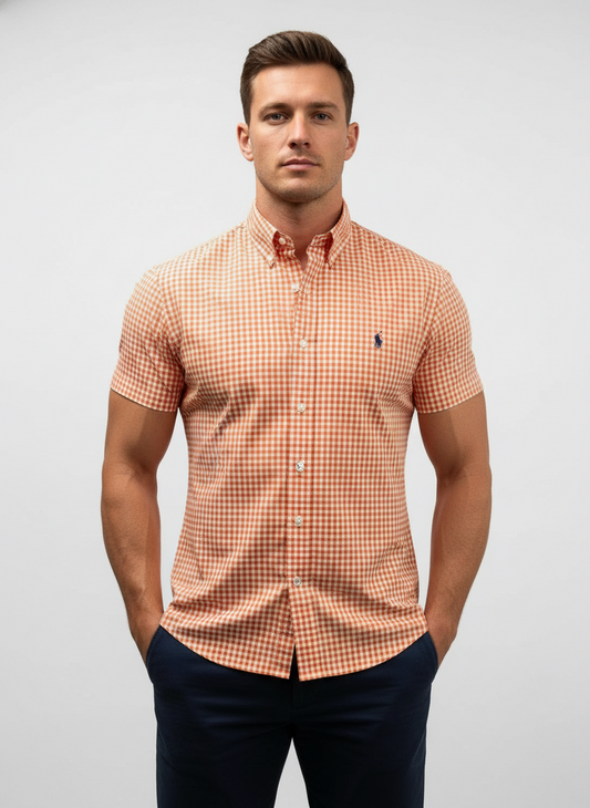 Camisa de botones Polo Ralph Lauren 🏇🏼 con patron de cuadros gingham naranja y blanco Talla L Entalle Regular