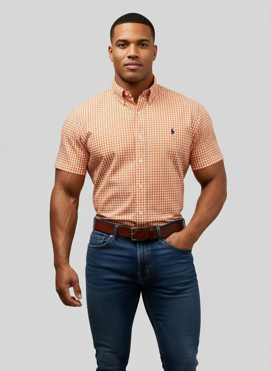 Camisa de botones Polo Ralph Lauren 🏇🏼 con patron de cuadros gingham naranja y blanco Talla L Entalle Regular