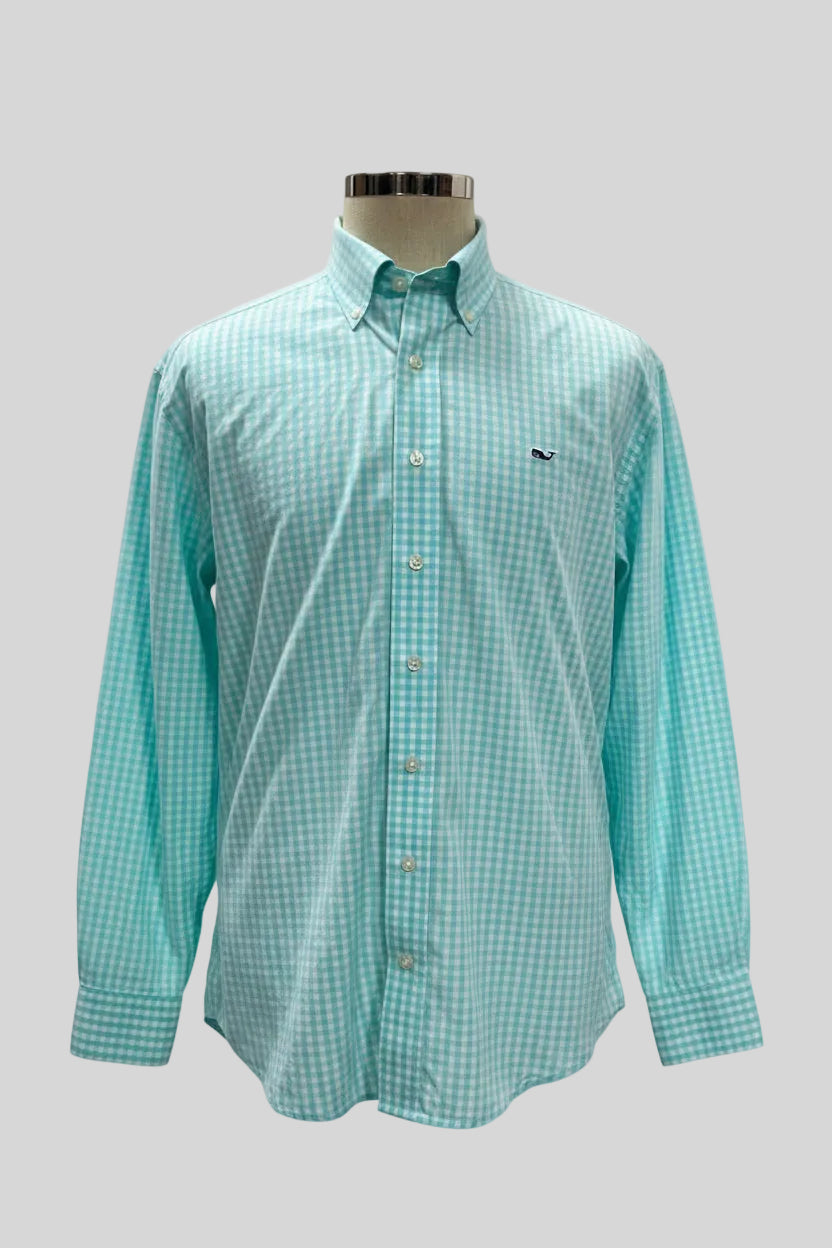 Camisa de botones Vineyard Vines 🐳 de cuadros en color turquesa claro y blanco Talla M Entalle Clásico