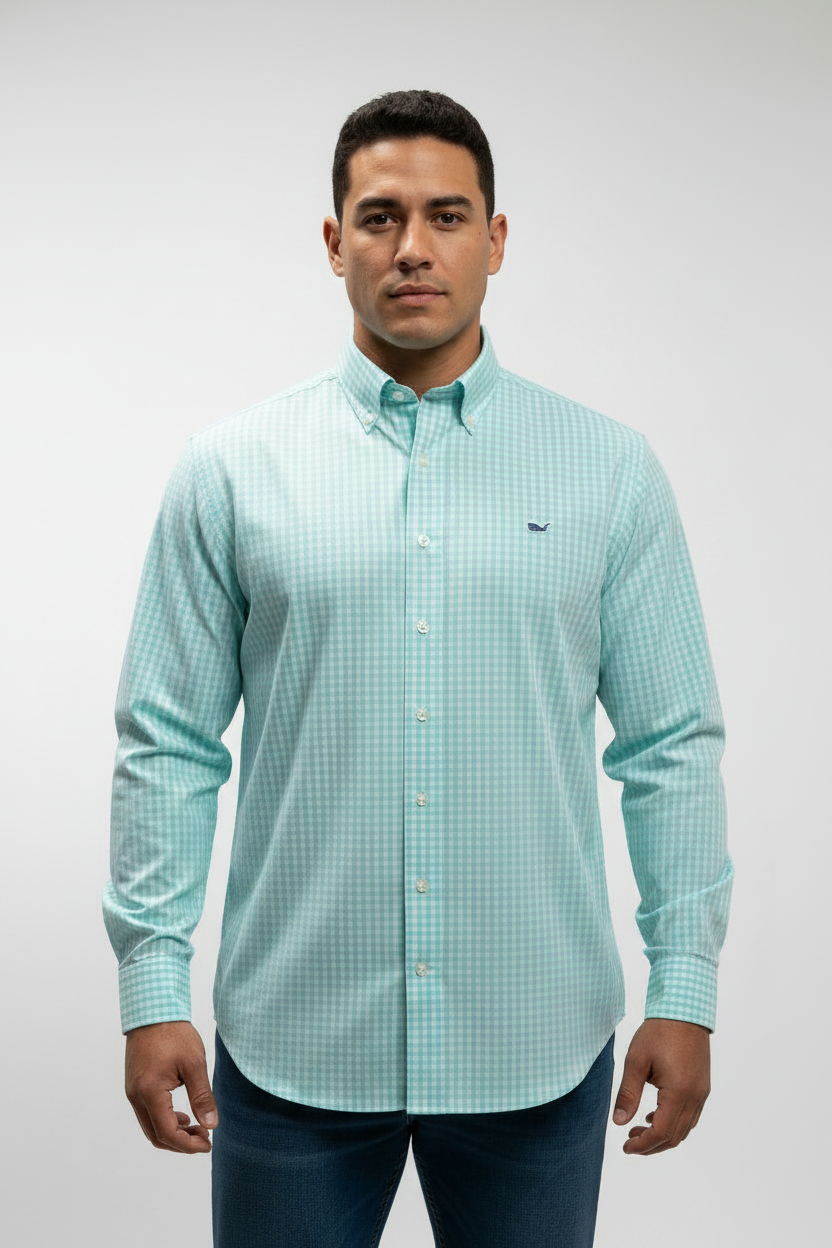Camisa de botones Vineyard Vines 🐳 de cuadros en color turquesa claro y blanco Talla M Entalle Clásico