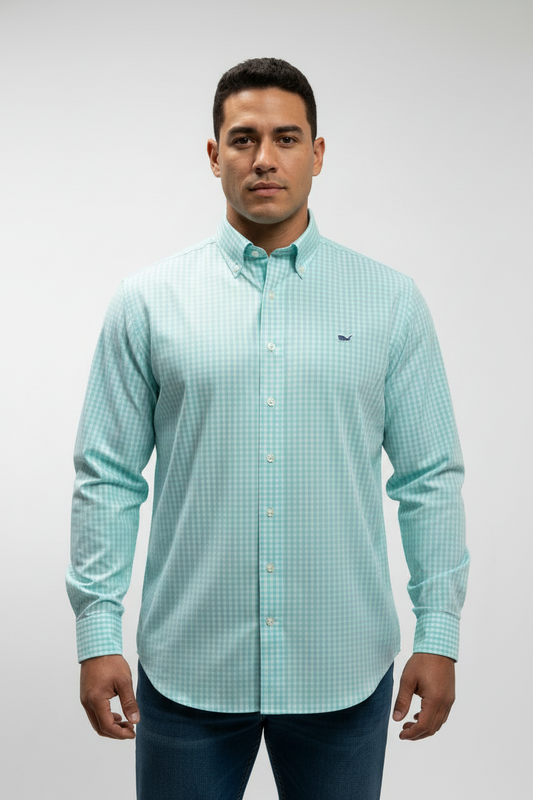 Camisa de botones Vineyard Vines 🐳 de cuadros en color turquesa claro y blanco Talla M Entalle Clásico