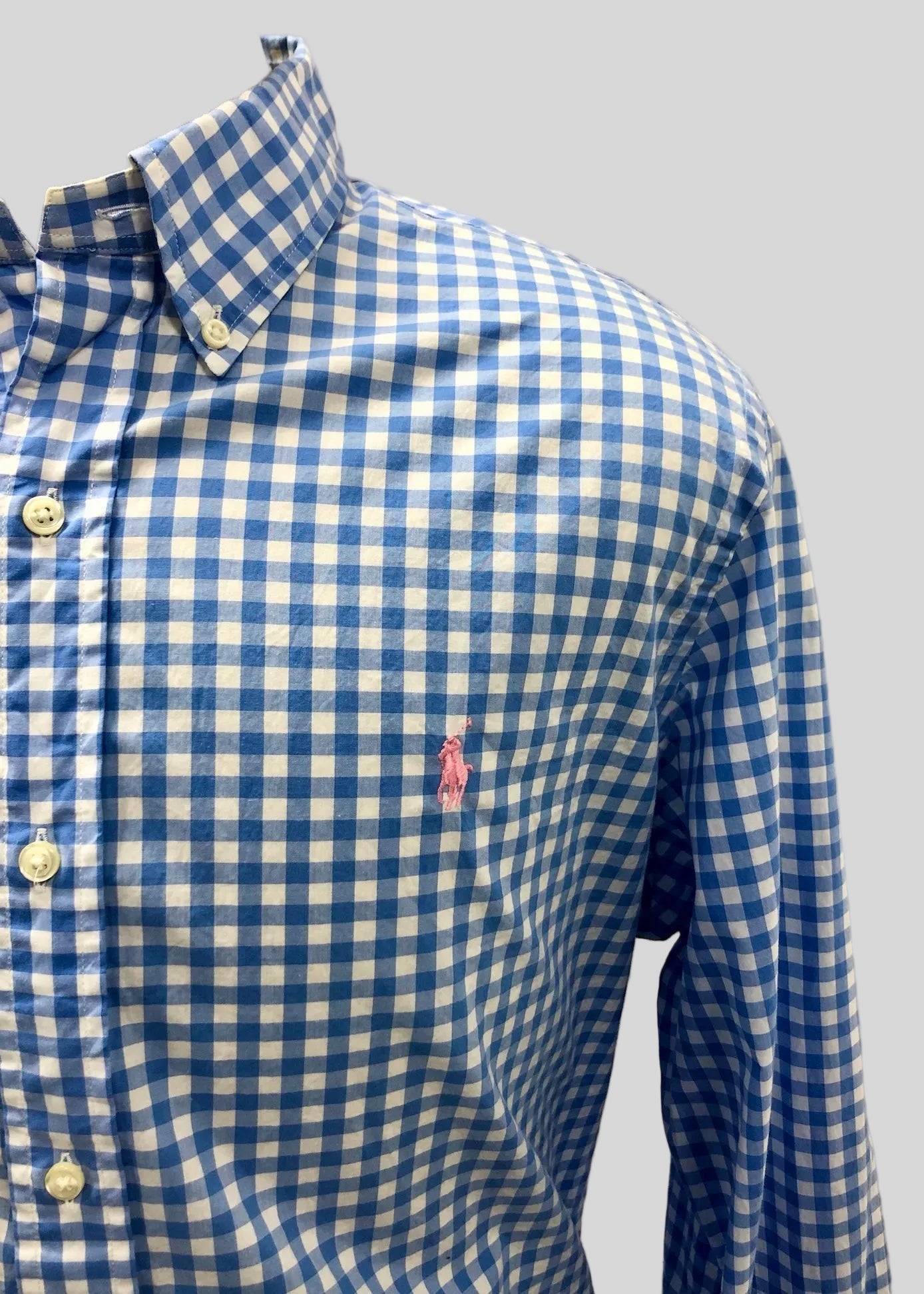 Camisa de botones Polo Ralph Lauren 🏇🏼 con patrón de cuadros gingham celeste y blanco Talla XL Entalle Clásico