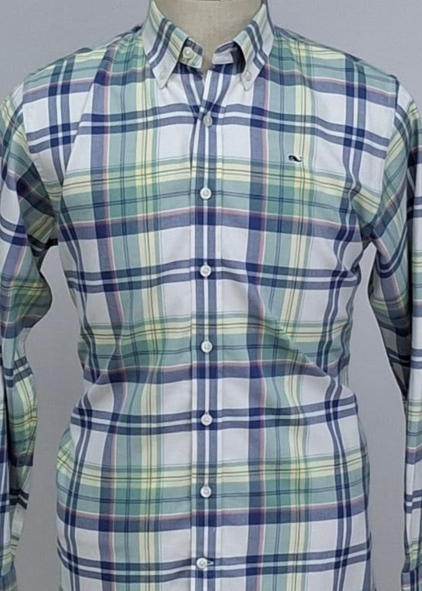 Camisa de niño Vineyard Vines 🐳 con patrón de cuadros en color verde, amarillo, azul y blanco Talla XL Entalle Regular