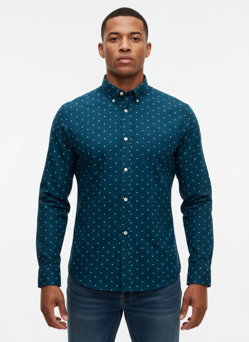 Camisa de botones Old Navy color azul navy con diseño de flor Talla M Entalle Regular