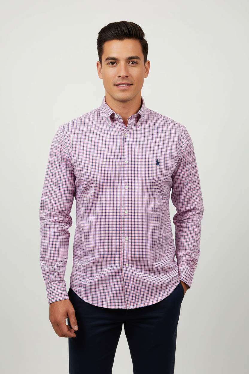 Camisa de botones Polo Ralph Lauren 🏇🏼 Performance de cuadros rosado, azul y blanco Talla L Entalle Regular