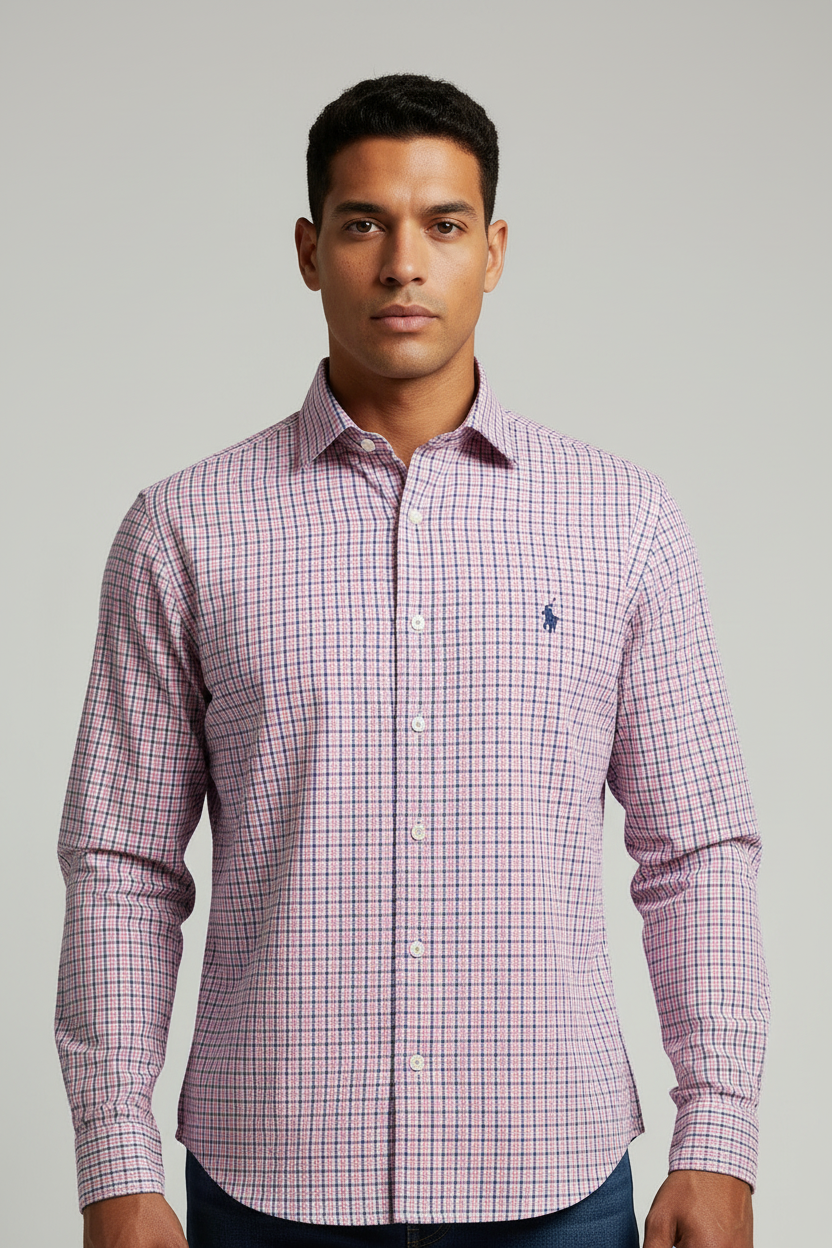 Camisa de botones Polo Ralph Lauren 🏇🏼 Performance de cuadros rosado, azul y blanco Talla L Entalle Regular