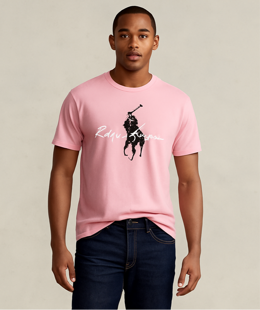Camiseta cuello redondo Polo Ralph Lauren 🏇🏼 color rosado con diseño de logo en azul navy Talla S Entalle Clásico