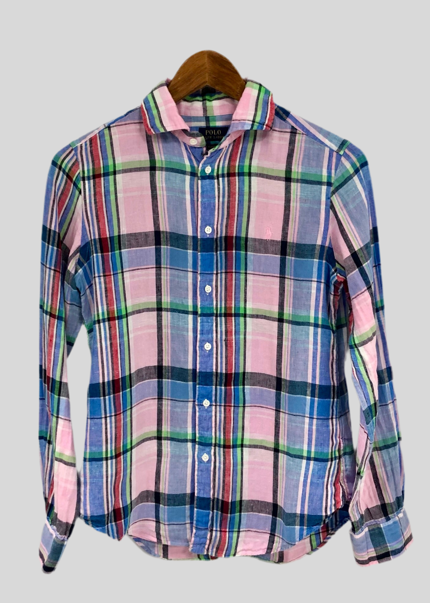 Camisa Polo Ralph Lauren 🏇🏼 de Lino con patron de cuadros tartán en color rosado, azul y verde Talla S Entalle Clásico