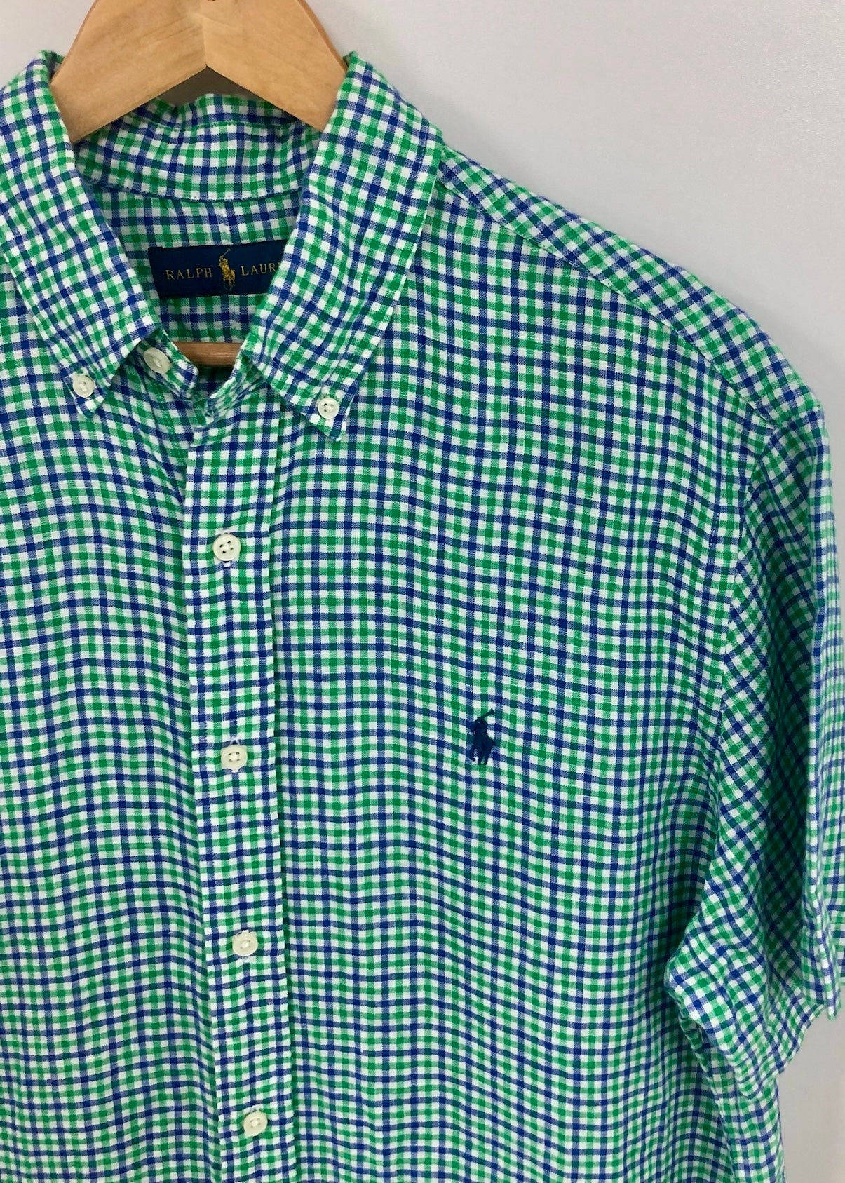 Camisa Polo Ralph Lauren 🏇🏼 De lino con patrón de cuadros verde, azul y blanco Talla L Entalle Regular