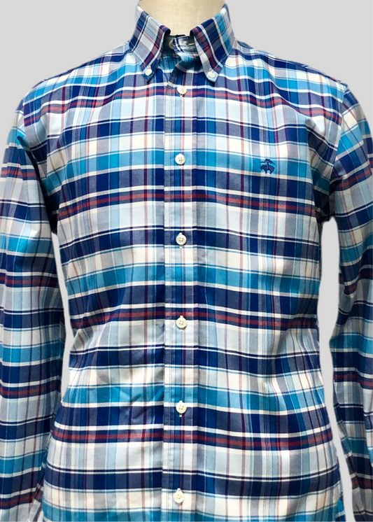 Camisa Brooks Brothers 🐑 color blanco con cuadros tartán en azul, turquesa y rojo Talla M Entalle Regular