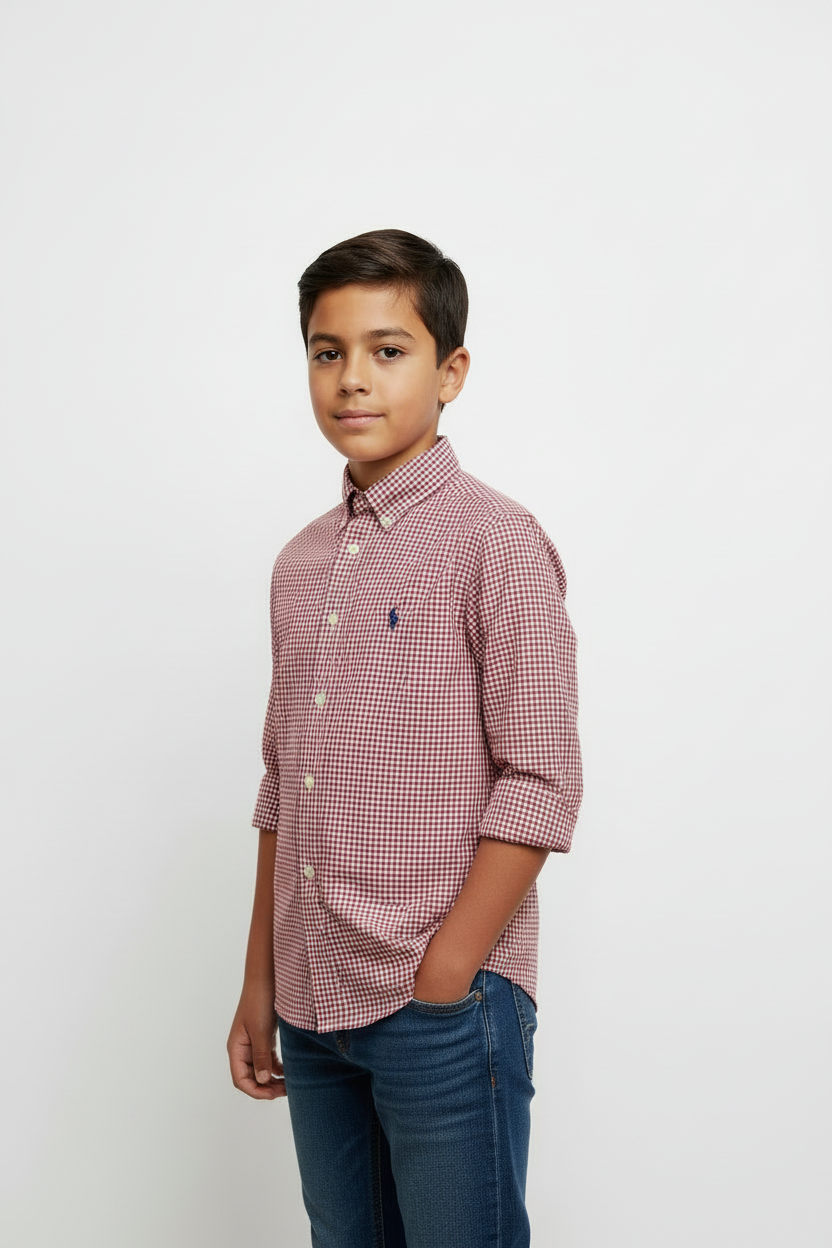 Camisa Polo Ralph Lauren 🏇🏼 con patron de cuadros gingham en rojo y blanco Talla M (10-12) de niño Entalle Regular