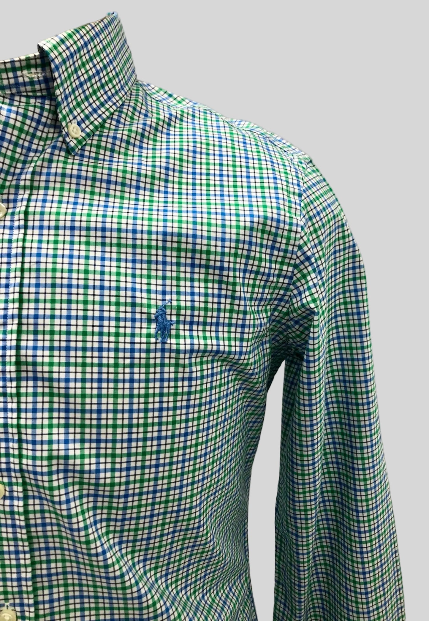 Camisa Polo Ralph Lauren 🏇🏼 color blanco de cuadros gingham azul y verde Talla S Entalle Regular