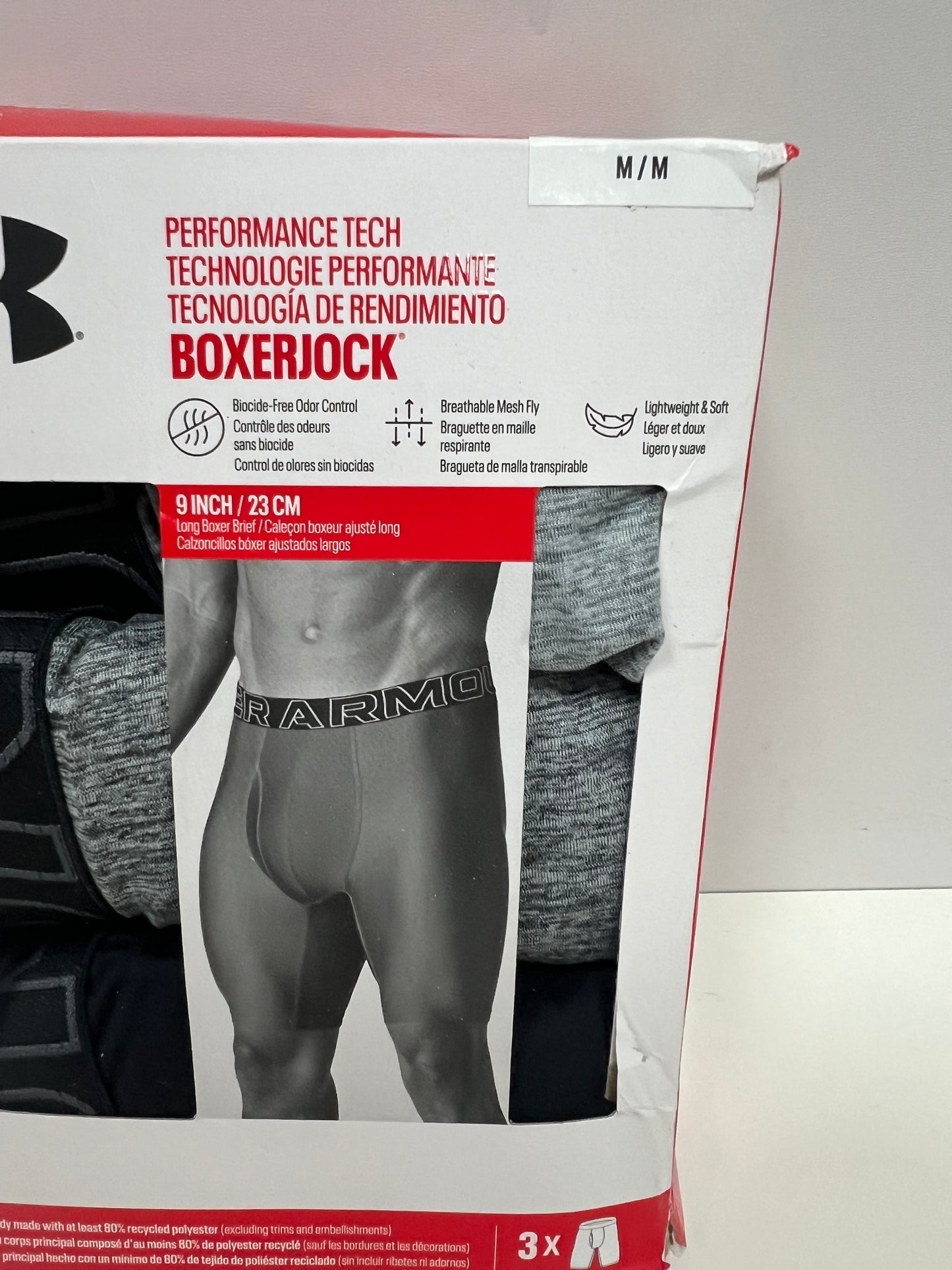 Combo de 3 Boxers Briefs Under Armour 🏋🏽 Tela Performance Tech de 9” de largo color negro, gris claro y oscuro Talla M