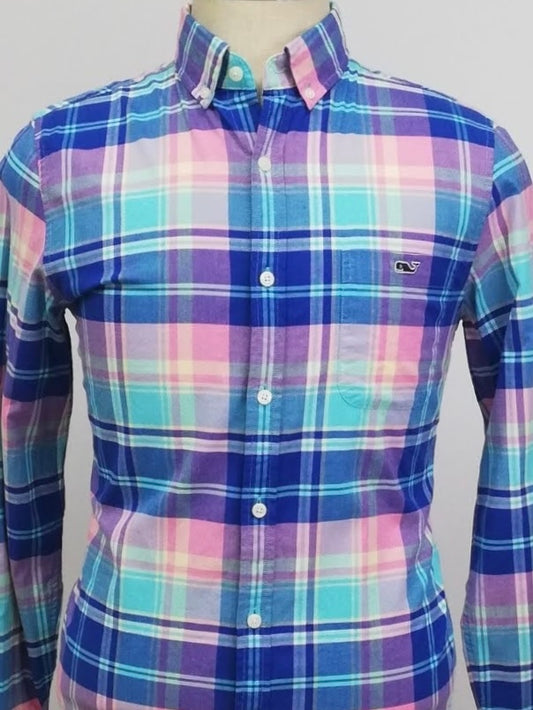 Camisa de botones Vineyard Vines 🐳 con patrón de cuadros en color turquesa, lila y azul Talla S Entalle Slim Fit