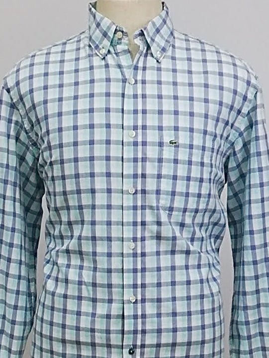 Camisa de botones Lacoste 🐊 con patron de cuadros en azul, turquesa y blanco Talla L Entalle Regular (ver descripción)