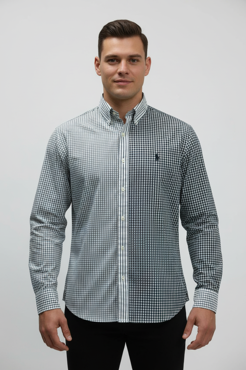 Camisa Polo Ralph Lauren 🏇🏼 con diseño de cuadros y rayas en color negro y blanco Talla L Entalle Regular