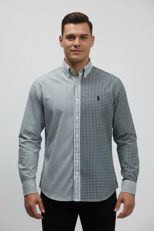 Camisa Polo Ralph Lauren 🏇🏼 con diseño de cuadros y rayas en color negro y blanco Talla L Entalle Regular