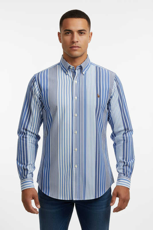 Camisa de botones Polo Ralph Lauren 🏇🏼 Oxford color blanco de rayas en color celeste y azul Talla L Entalle Regular
