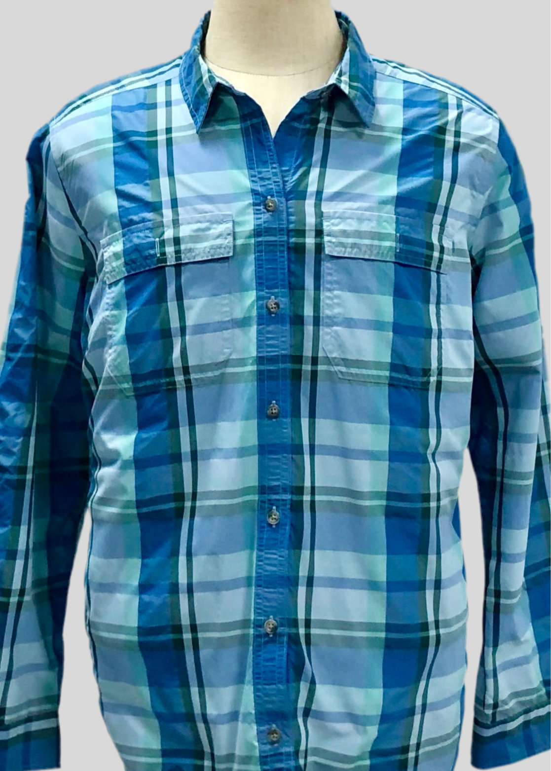 Camisa de mujer Eddie Bauer 🇩🇪 de cuadros en color azul grisáceo y celeste Talla XXL Entalle Regular
