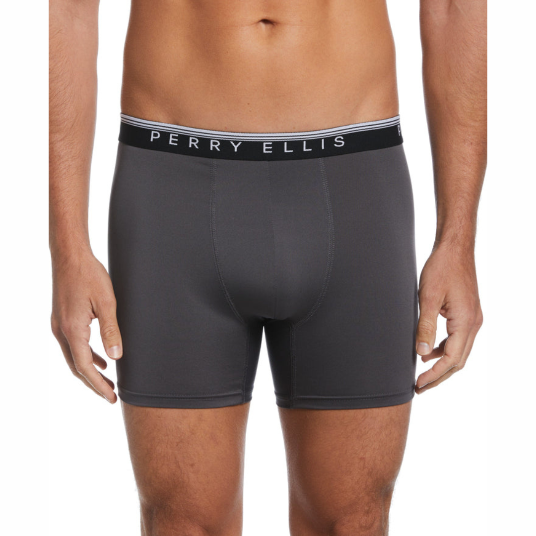 Paquete de 4 Boxer Perry Ellis Tela de microfibra con patrón en color negro, gris, rojo y celeste Talla M