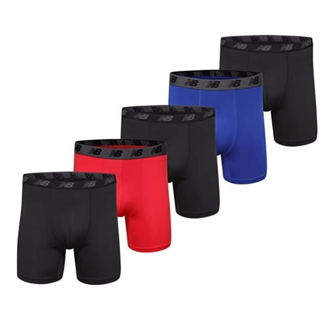 Combo de 5 Boxers Briefs New Balance Tela Performance color Negro, azul y rojo Talla M