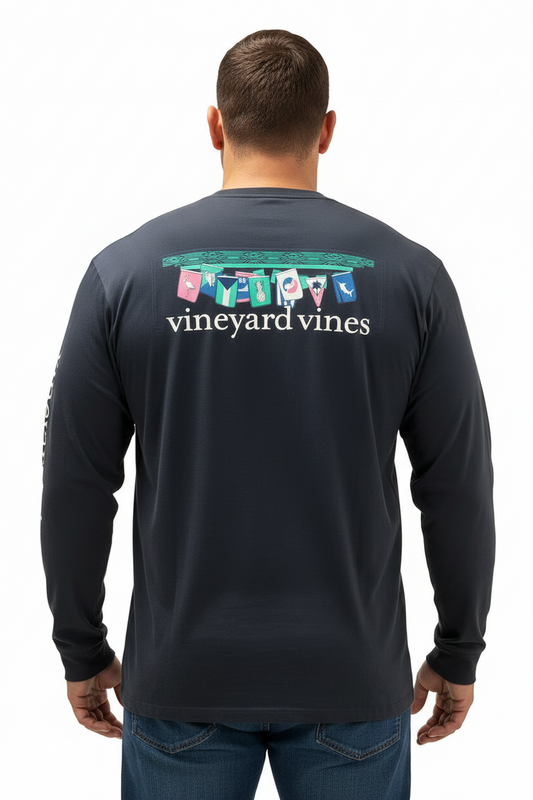 Camiseta de bolsillo Vineyard Vines 🐳 color azul grisáceo con Diseño de banderas Talla XL