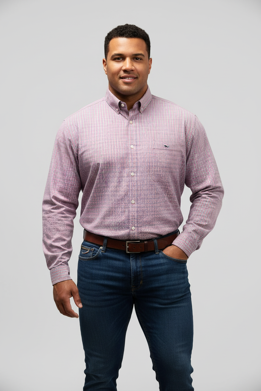 Camisa de botones Vineyard Vines 🐳 Performance de cuadros en color rosado y celeste Talla XXL Entalle Clásico