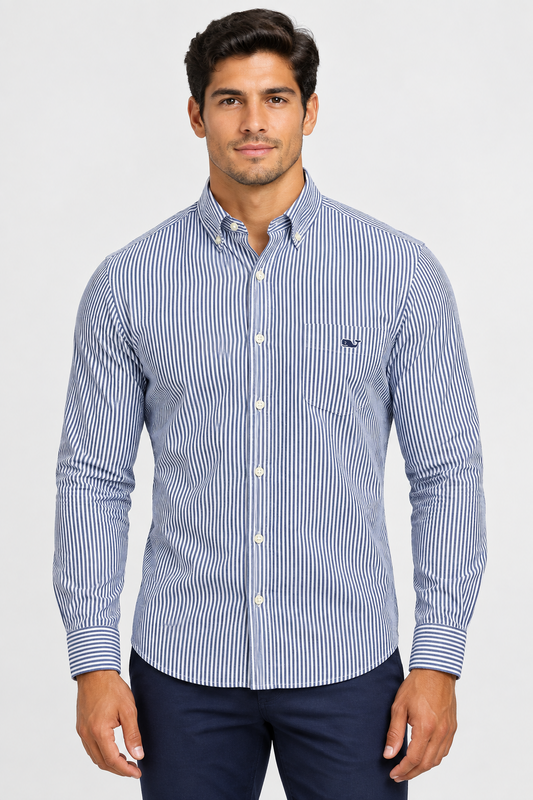 Camisa de botones Vineyard Vines 🐳 Performance de rayas en color azul y blanco Talla L Entalle Regular