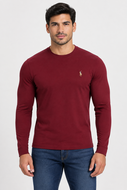 Camiseta cuello redondo Polo Ralph Lauren 🏇🏼 color rojo oscuro manga larga Talla M Entalle Clásico