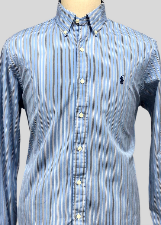 Camisa celeste con patron de rayas en color negro y blanco Polo Ralph Lauren 🏇🏼 Talla L Entalle Regular