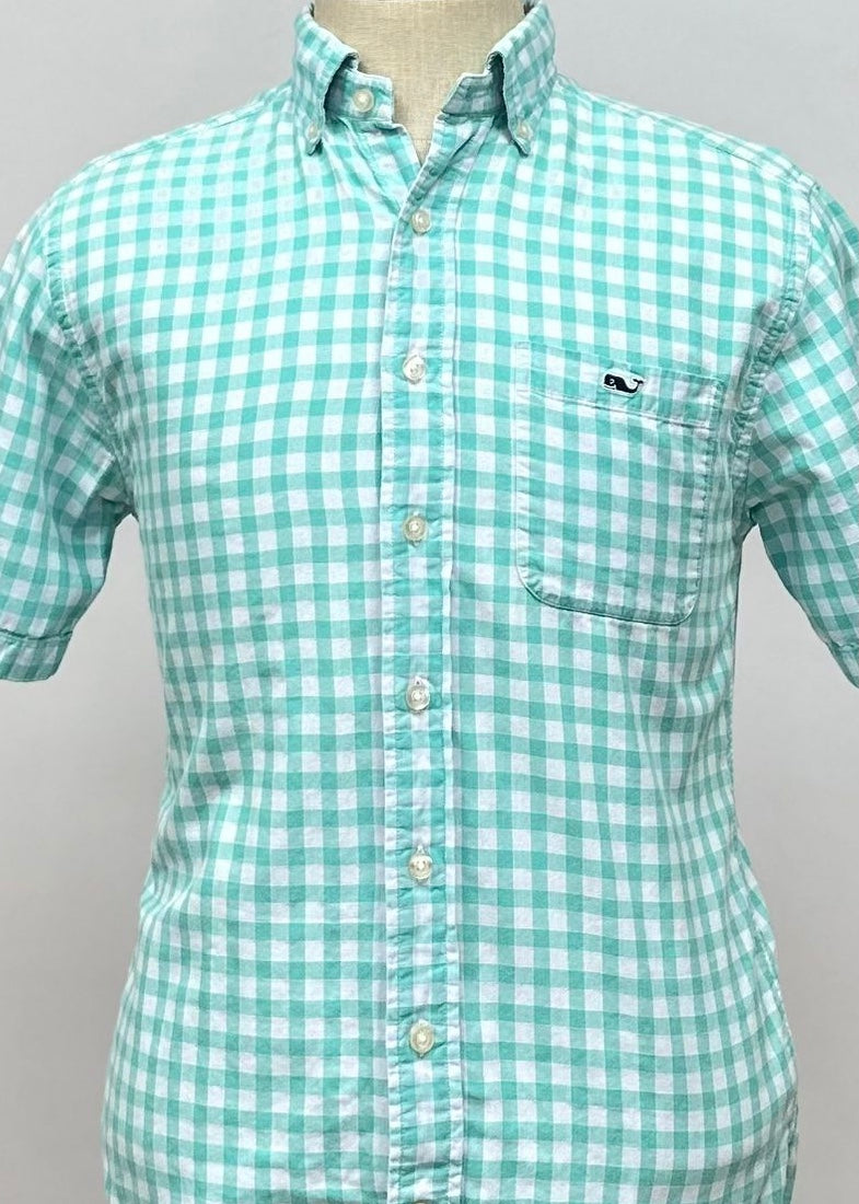 Camisa Vineyard Vines 🐳 con patrón de cuadros en color turquesa y blanco Talla S Entalle Clásico