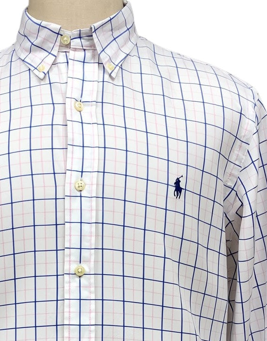 Camisa Polo Ralph Lauren 🏇🏼 color blanco con patron de cuadros azul navy y rosado Talla XL Entalle Regular