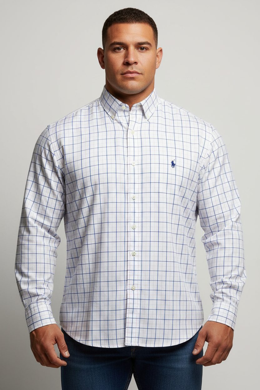 Camisa Polo Ralph Lauren 🏇🏼 color blanco con patron de cuadros azul navy y rosado Talla XL Entalle Regular