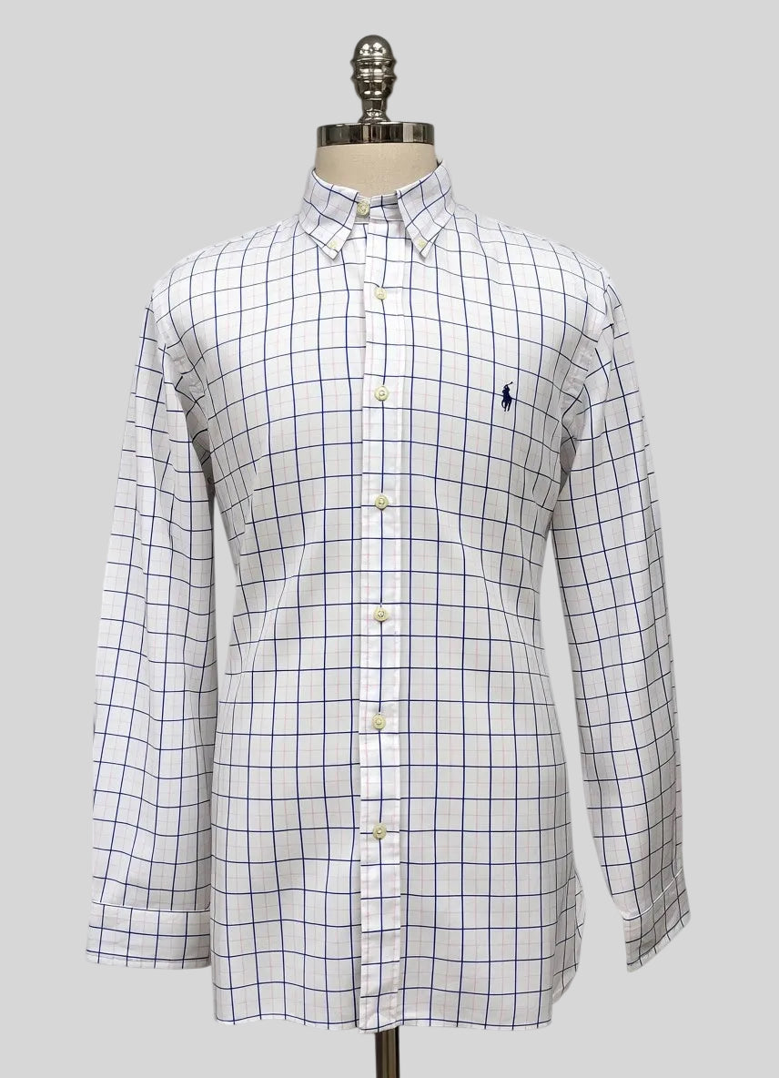 Camisa Polo Ralph Lauren 🏇🏼 color blanco con patron de cuadros azul navy y rosado Talla XL Entalle Regular