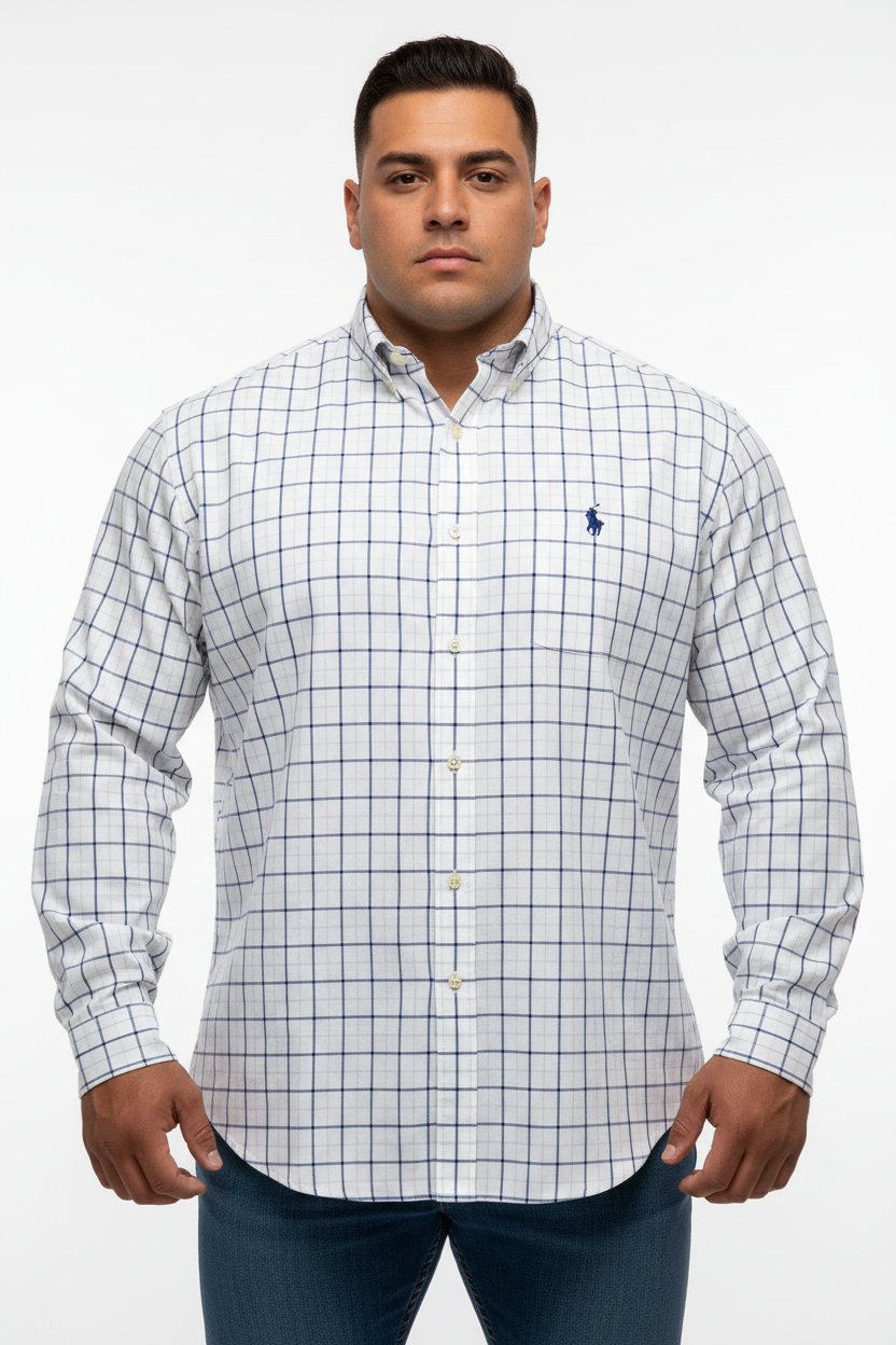 Camisa Polo Ralph Lauren 🏇🏼 color blanco con patron de cuadros azul navy y rosado Talla XL Entalle Regular