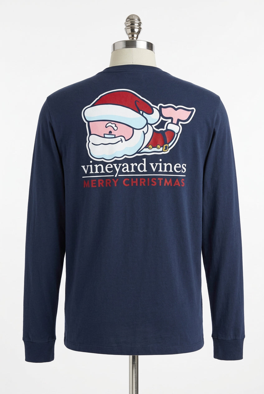Camiseta cuello redondo Vineyard Vines 🐳 color azul navy con Diseño de ballena de Navidad Talla M (ver descripción)