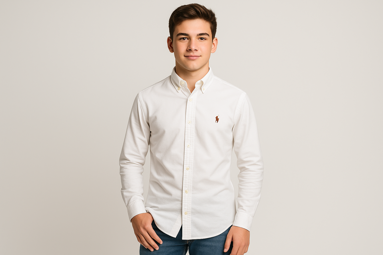 Adolescente de 16 años modelando camisa Polo Ralph Lauren blanca