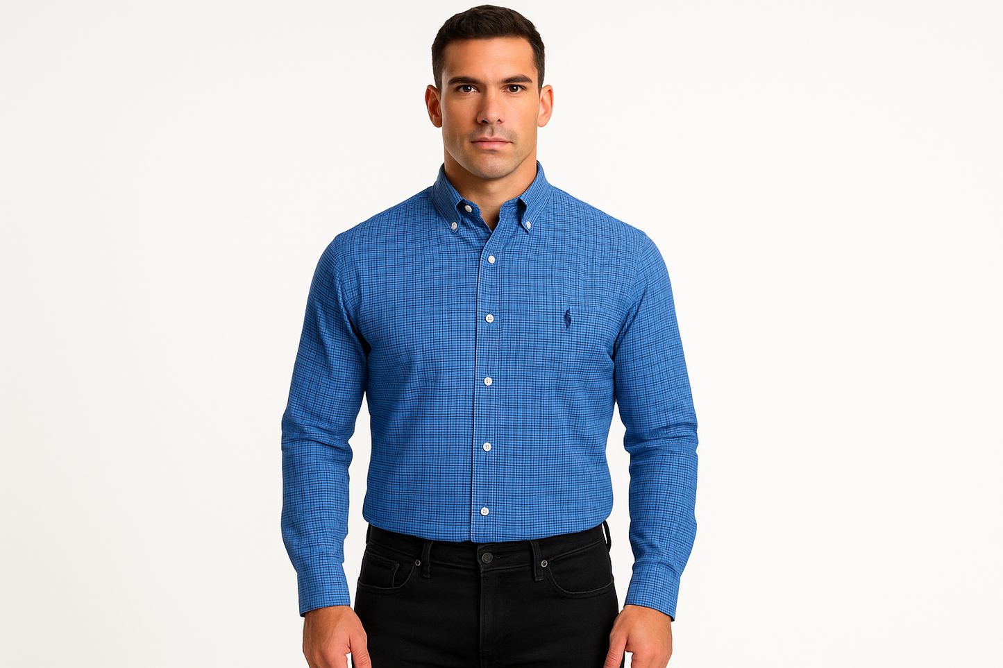 Athletic model wearing blue checkered shirt with button-down collar