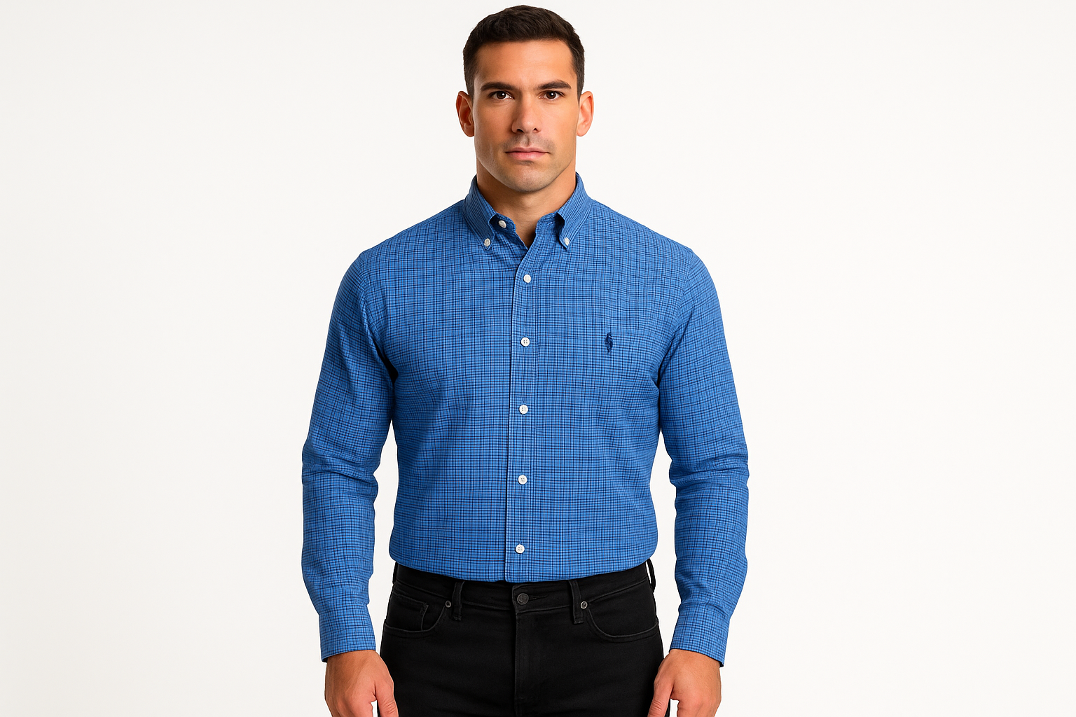 Athletic model wearing blue checkered shirt with button-down collar