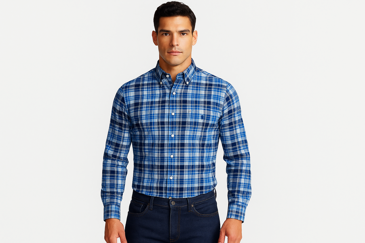 Athletic model wearing blue plaid shirt