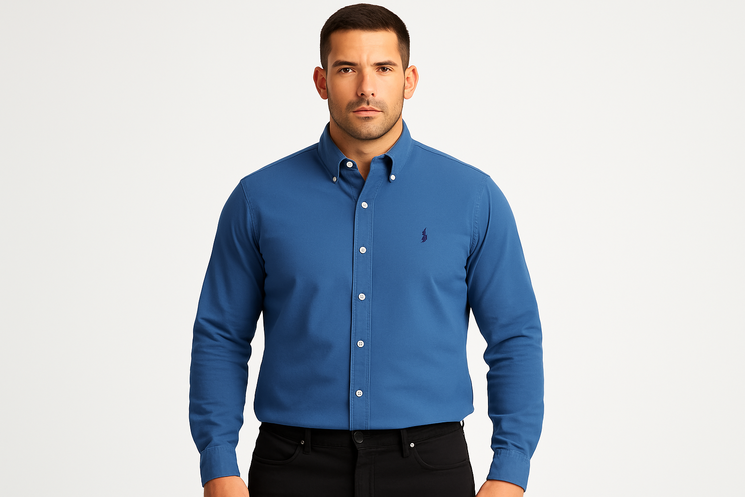 Athletic model wearing blue shirt with button-down collar and polo logo