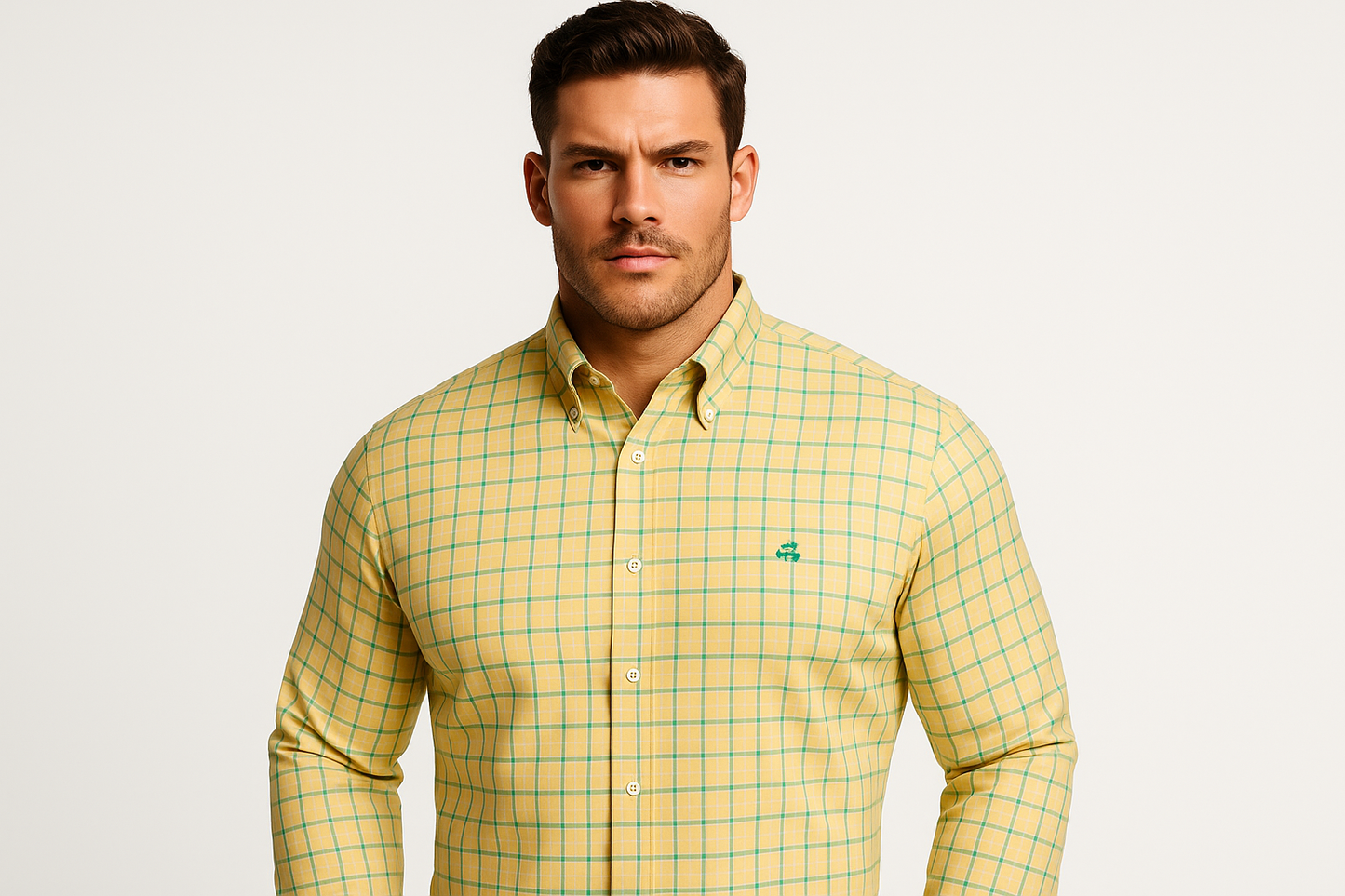 Athletic model wearing Brooks Brothers shirt